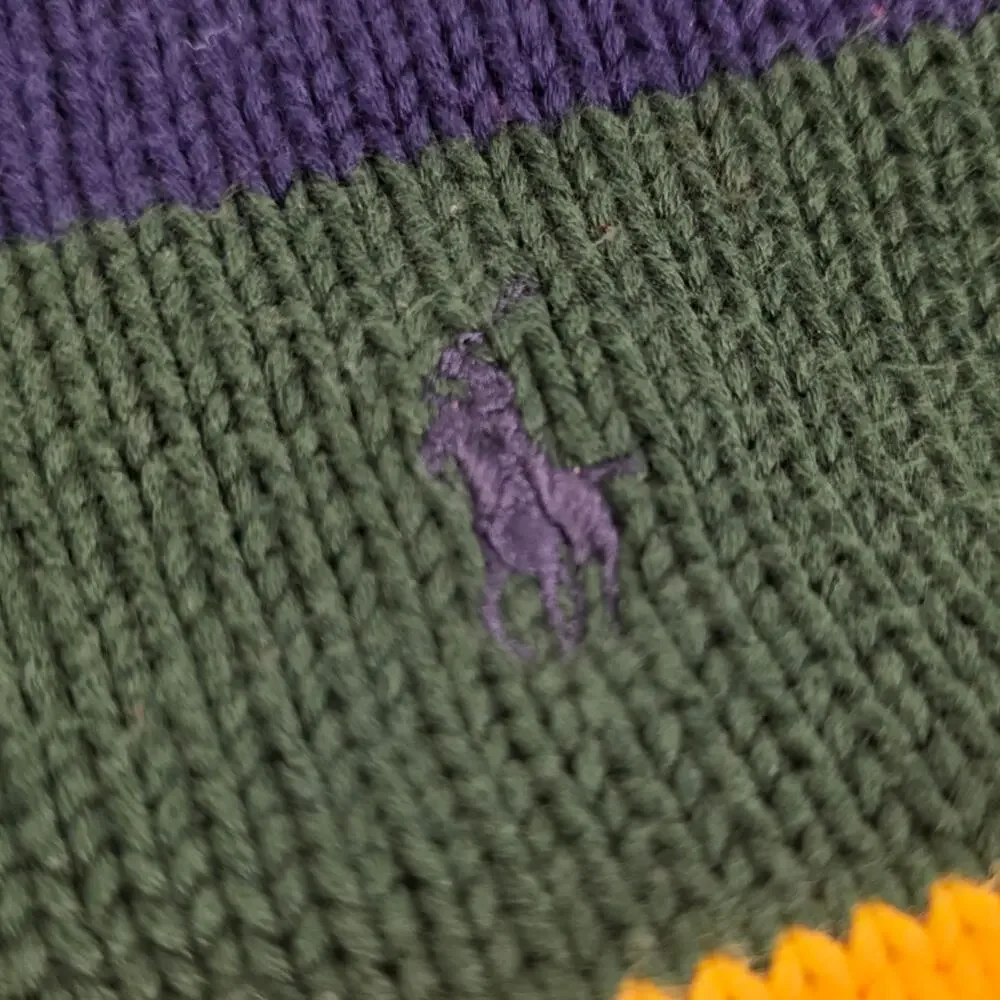 Polo Ralph Lauren Vintage Rugby Stripe V-Neck Sweater Navy Green Cotton XL